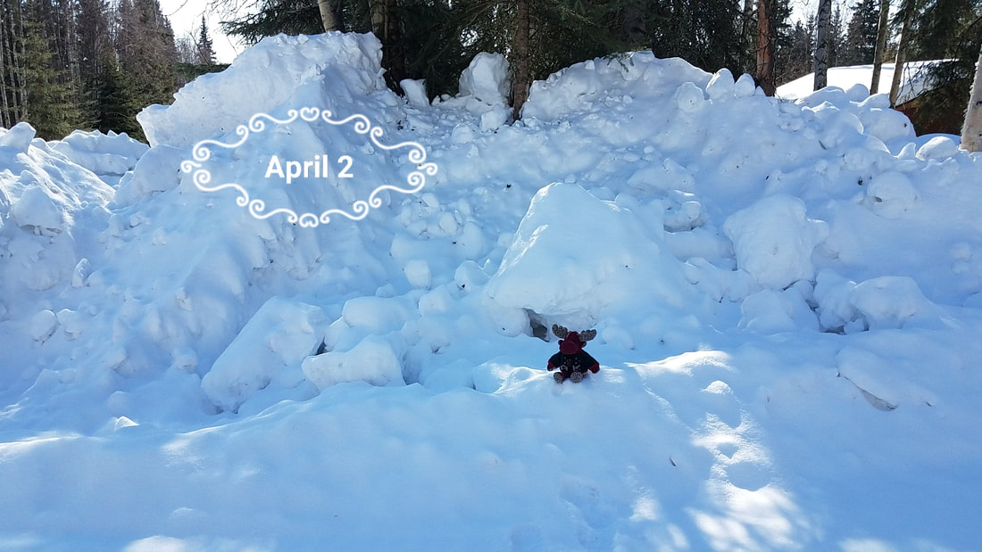Neighborhood snow on April 2, 2018, red moose for reference