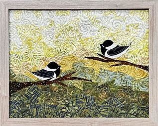 Spring chickadee collage art quilt